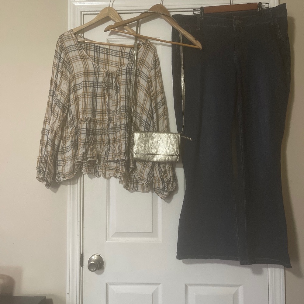 Plus sz Boho Top, crossbody purse, Lane Bryant wide leg jean